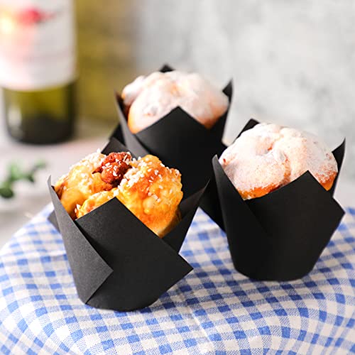 Jutom 200 Pack Tulip Cupcake Liners Paper Baking Cups Greaseproof Muffin Liners Grease Resistant Cupcake Wrappers for Weddings Birthday Cake Balls Muffins Candy Jelly Party(Black) - Image 3