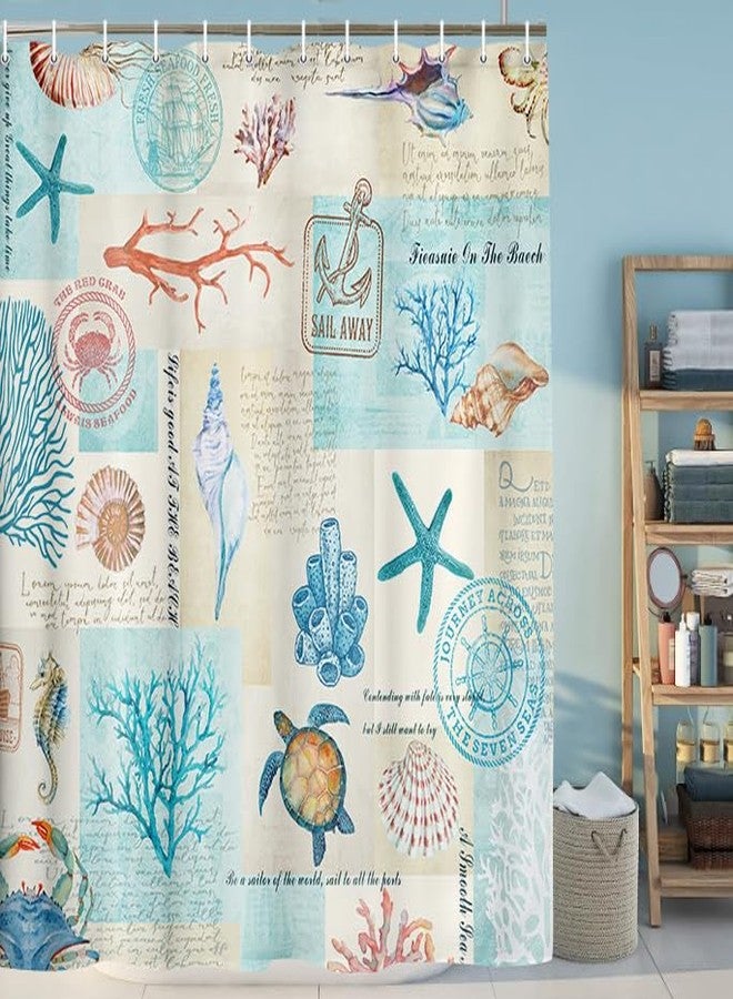 Pinpai Nautical Coastal Shower Curtain, Beach Theme Shower Curtain Set for Bathroom, Vintage Sea Shell Turtle Fabric Shower Curtain Restroom Bathtub Decor Accessories with Hooks 72X 72 inch - Image 3
