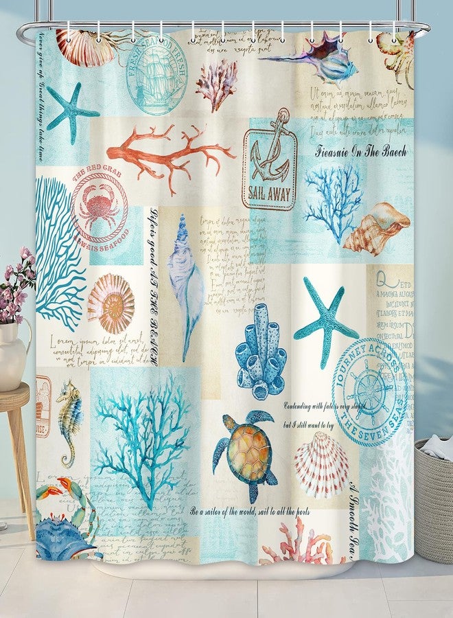 Pinpai Nautical Coastal Shower Curtain, Beach Theme Shower Curtain Set for Bathroom, Vintage Sea Shell Turtle Fabric Shower Curtain Restroom Bathtub Decor Accessories with Hooks 72X 72 inch - Image 2