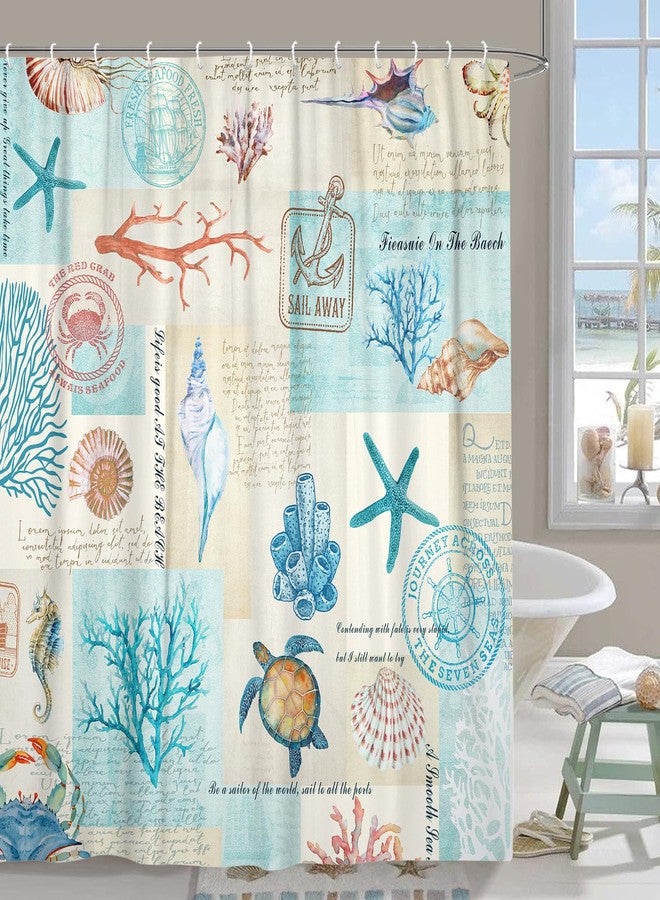 Pinpai Nautical Coastal Shower Curtain, Beach Theme Shower Curtain Set for Bathroom, Vintage Sea Shell Turtle Fabric Shower Curtain Restroom Bathtub Decor Accessories with Hooks 72X 72 inch - Image 1