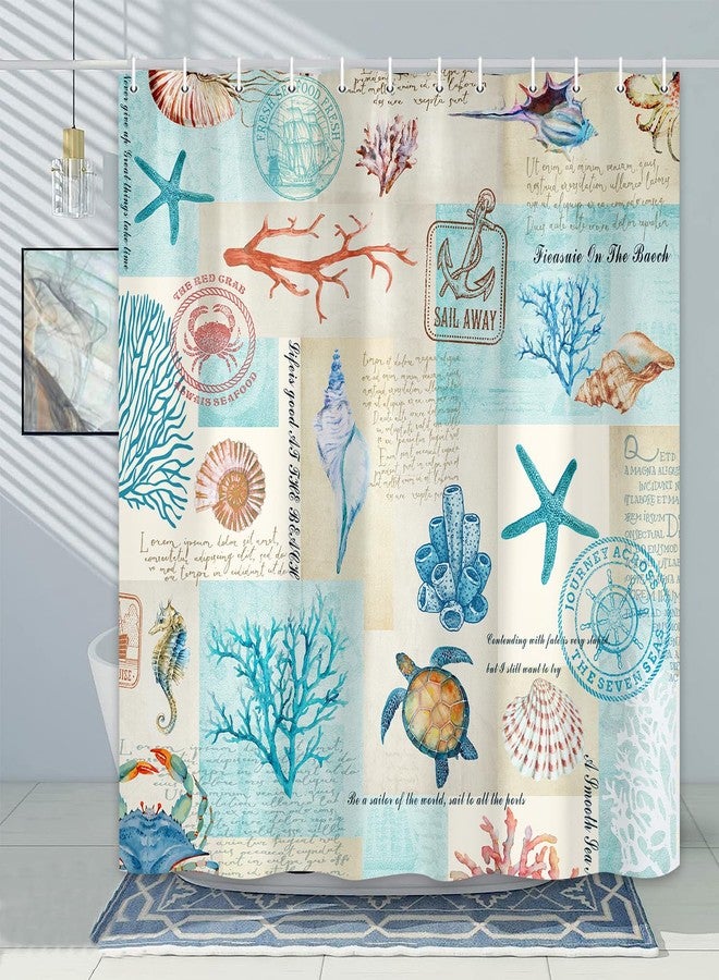 Pinpai Nautical Coastal Shower Curtain, Beach Theme Shower Curtain Set for Bathroom, Vintage Sea Shell Turtle Fabric Shower Curtain Restroom Bathtub Decor Accessories with Hooks 72X 72 inch - Image 4