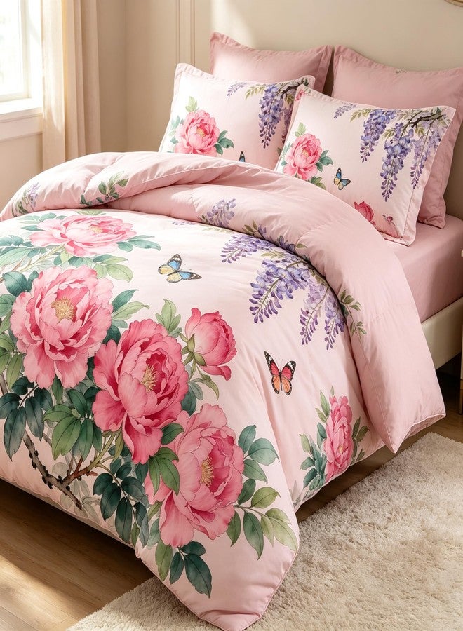 CCoutueChen Pink Floral Comforter Set Queen Size, Purple Victorian Bedding Set for Girls, 3Pieces Soft Microfiber Comforter Set with 2 Pillowcases, 90"x90" - Image 3