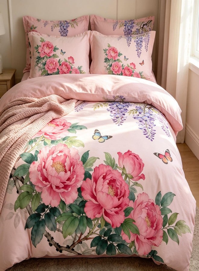 CCoutueChen Pink Floral Comforter Set Queen Size, Purple Victorian Bedding Set for Girls, 3Pieces Soft Microfiber Comforter Set with 2 Pillowcases, 90"x90" - Image 1