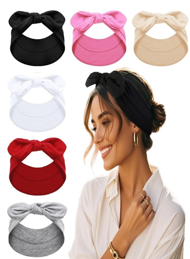 Tobeffect Bandana Headbands for Women Boho Style Solid Color - Elastic Bow Head Bands for Women’s Hair Non Slip - Wide Headwraps with Bows Vintage, Cute Hairbands Hair Accessories 6 Pack - Image 1