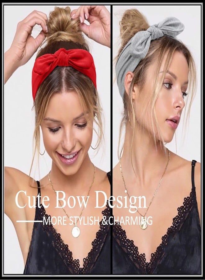 Tobeffect Bandana Headbands for Women Boho Style Solid Color - Elastic Bow Head Bands for Women’s Hair Non Slip - Wide Headwraps with Bows Vintage, Cute Hairbands Hair Accessories 6 Pack - Image 2