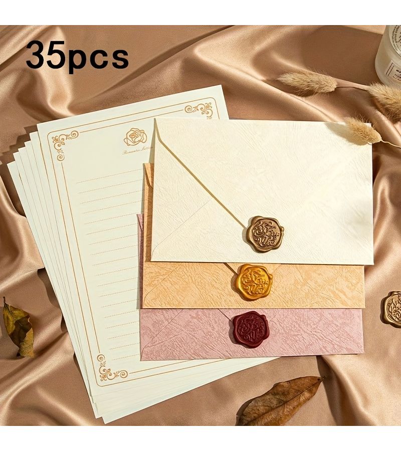White Tree Textured Envelope Stationery Set 25 Paper 5 Envelopes 5 Wax Seals - Image 1