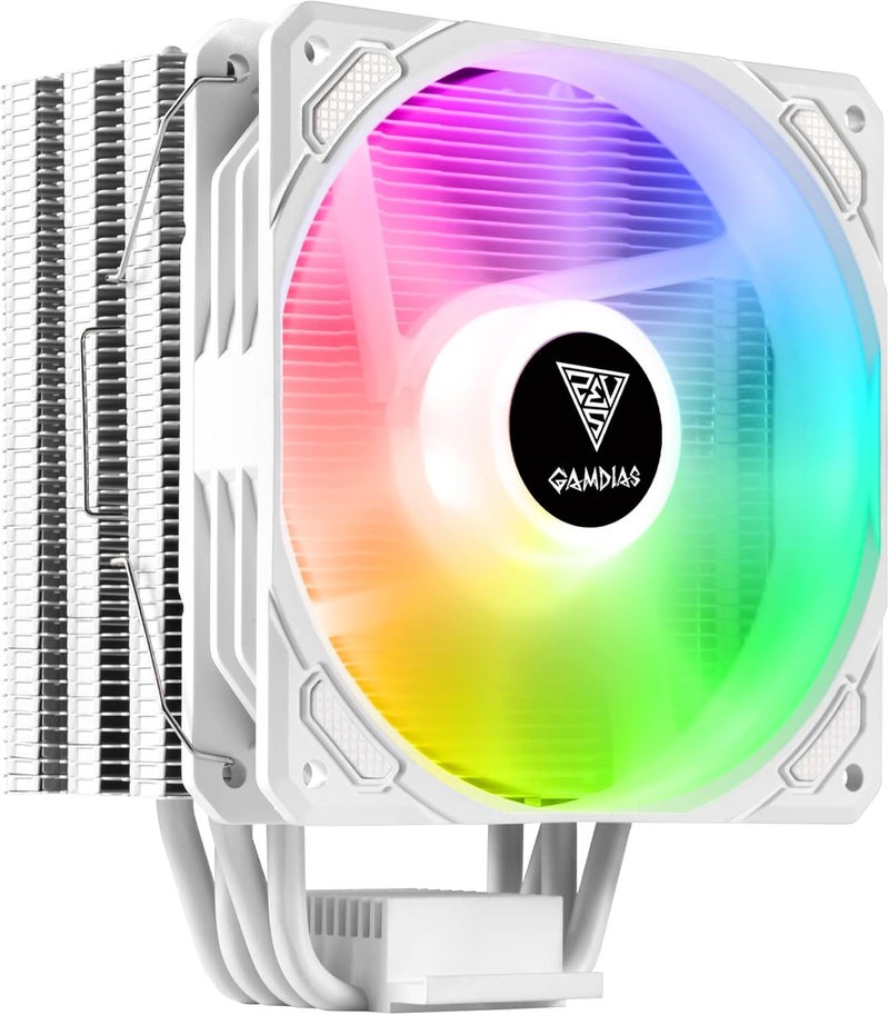 جامدياس مبرد وحدة المعالجة المركزية BOREAS E1-410 WH، مبرد هواء وحدة المعالجة المركزية، مروحة وحدة المعالجة المركزية، اتصال مباشر باللمس، 4 أنابيب حرارية نحاسية، إضاءة ARGB مزدوجة الحلقة، إضاءة ARGB قابلة للتخصيص بالكامل، متوافق مع Intel و AMD - Image 1