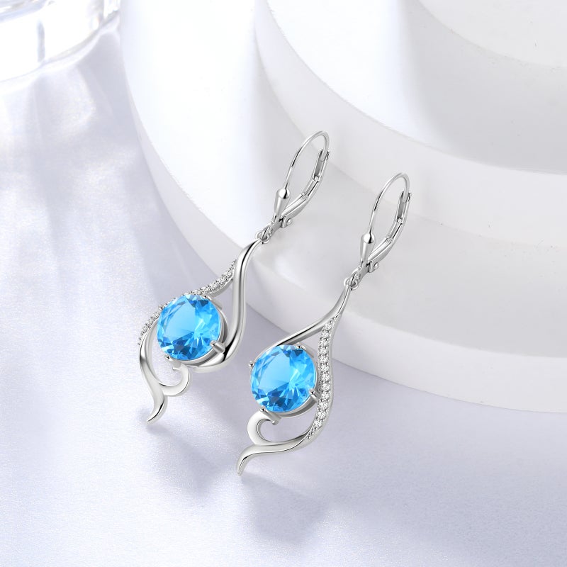 Juwaliy Women Dangle Earrings March Birthstone Earrings Aquamarine Blue Topaz Jewelry Tail 925 Sterling Silver Leverback Mother Wife Christmas Valentines Day Gift for Her - Image 2