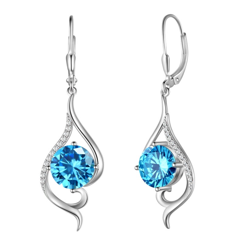 Juwaliy Women Dangle Earrings March Birthstone Earrings Aquamarine Blue Topaz Jewelry Tail 925 Sterling Silver Leverback Mother Wife Christmas Valentines Day Gift for Her - Image 1