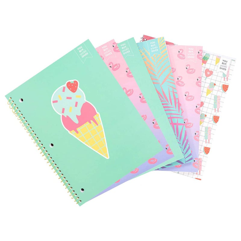 Yoobi College Ruled 8 x 10.5â€ Spiral Notebook Set â€“ Bulk 6-Pack of 1 Subject Notebooks, Variety of Cute Designs â€“ 100 Perforated 3-Hole Punched Sheets, For School, Office & Home - Image 1