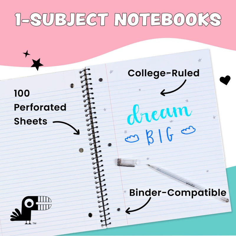 Yoobi College Ruled 8 x 10.5â€ Spiral Notebook Set â€“ Bulk 6-Pack of 1 Subject Notebooks, Variety of Cute Designs â€“ 100 Perforated 3-Hole Punched Sheets, For School, Office & Home - Image 2