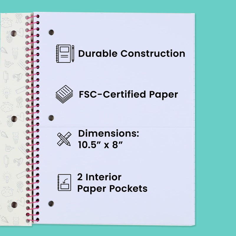 Yoobi College Ruled 8 x 10.5â€ Spiral Notebook Set â€“ Bulk 6-Pack of 1 Subject Notebooks, Variety of Cute Designs â€“ 100 Perforated 3-Hole Punched Sheets, For School, Office & Home - Image 5