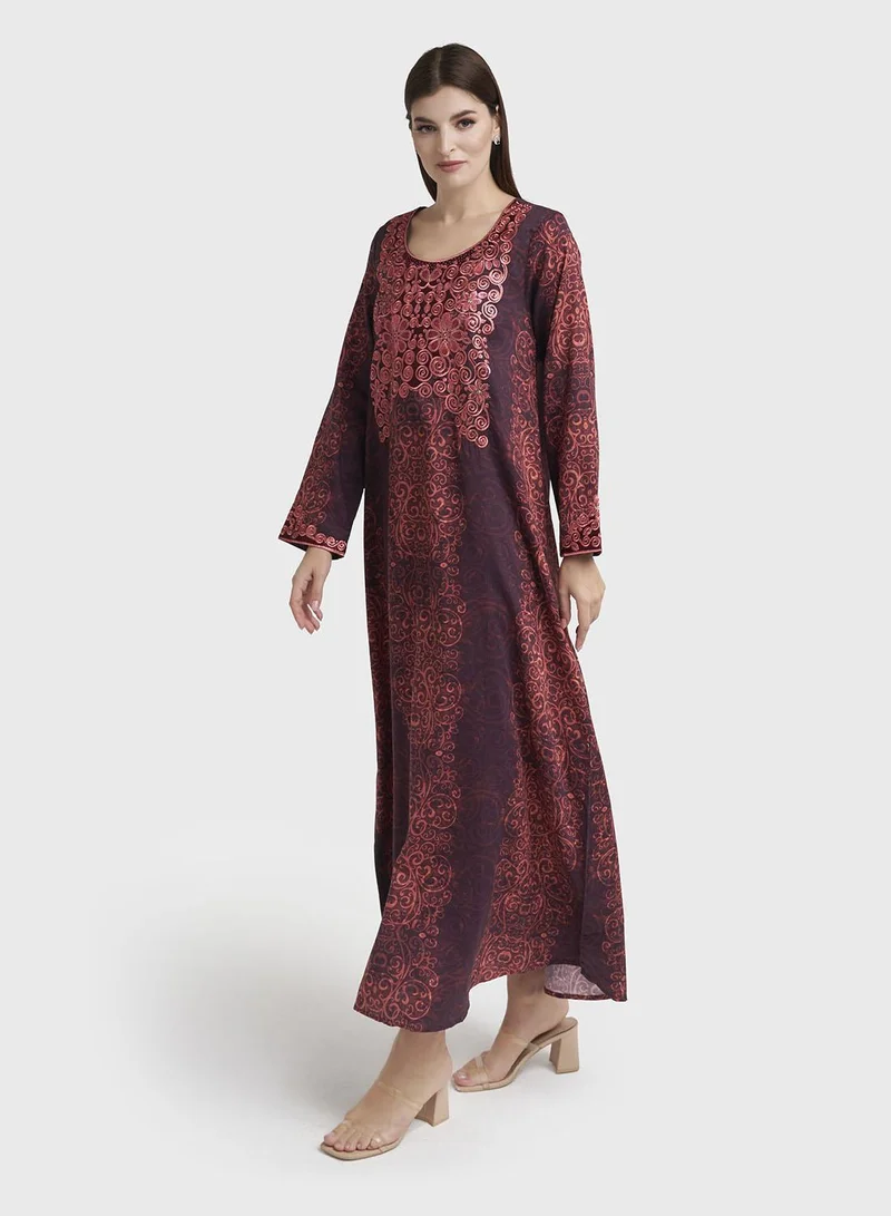 Kashkha  Maroon Cotton Satin Abstract Print Jalabiya (VW272) for Women | Best Price UAE