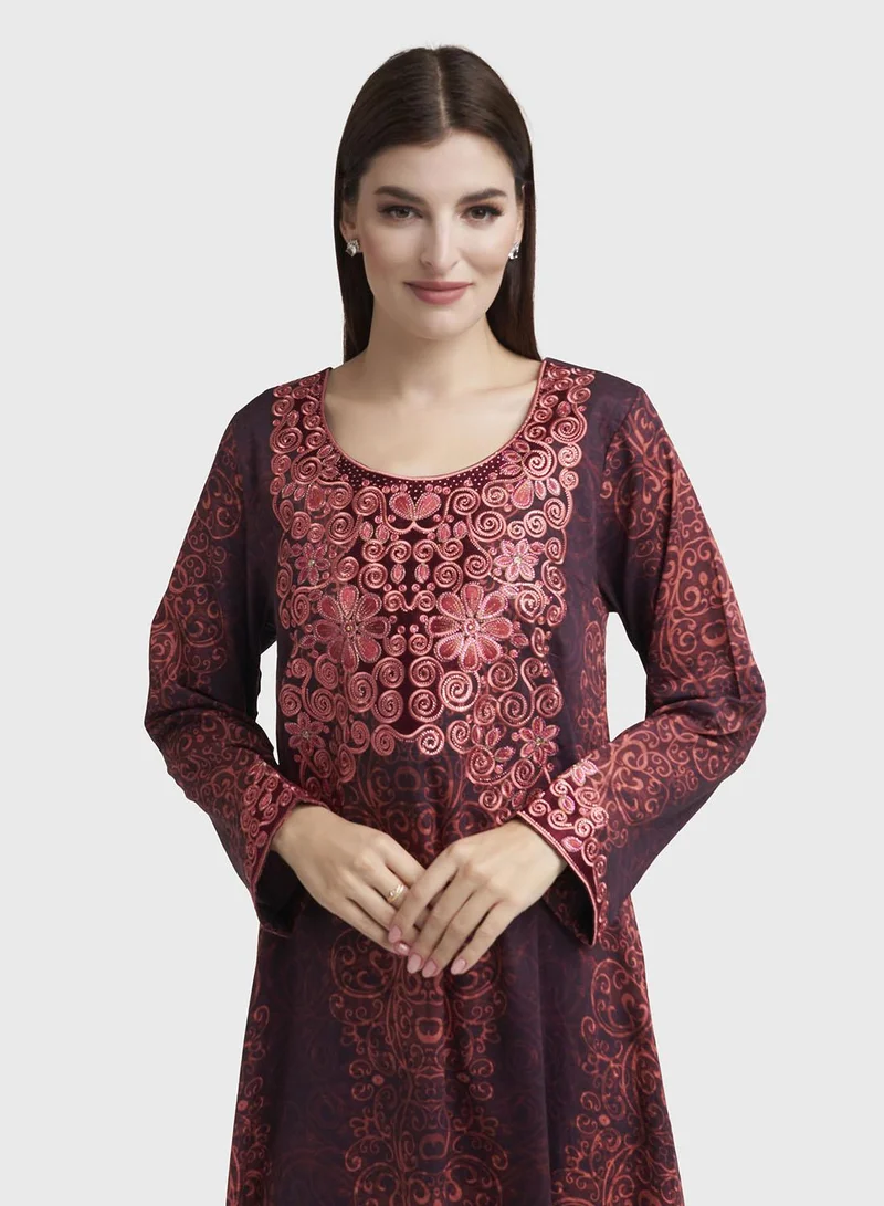 كشخة Maroon Cotton Satin Abstract Print Jalabiya (VW272)