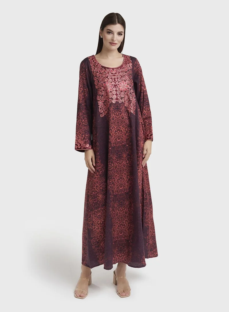 كشخة Maroon Cotton Satin Abstract Print Jalabiya (VW272)