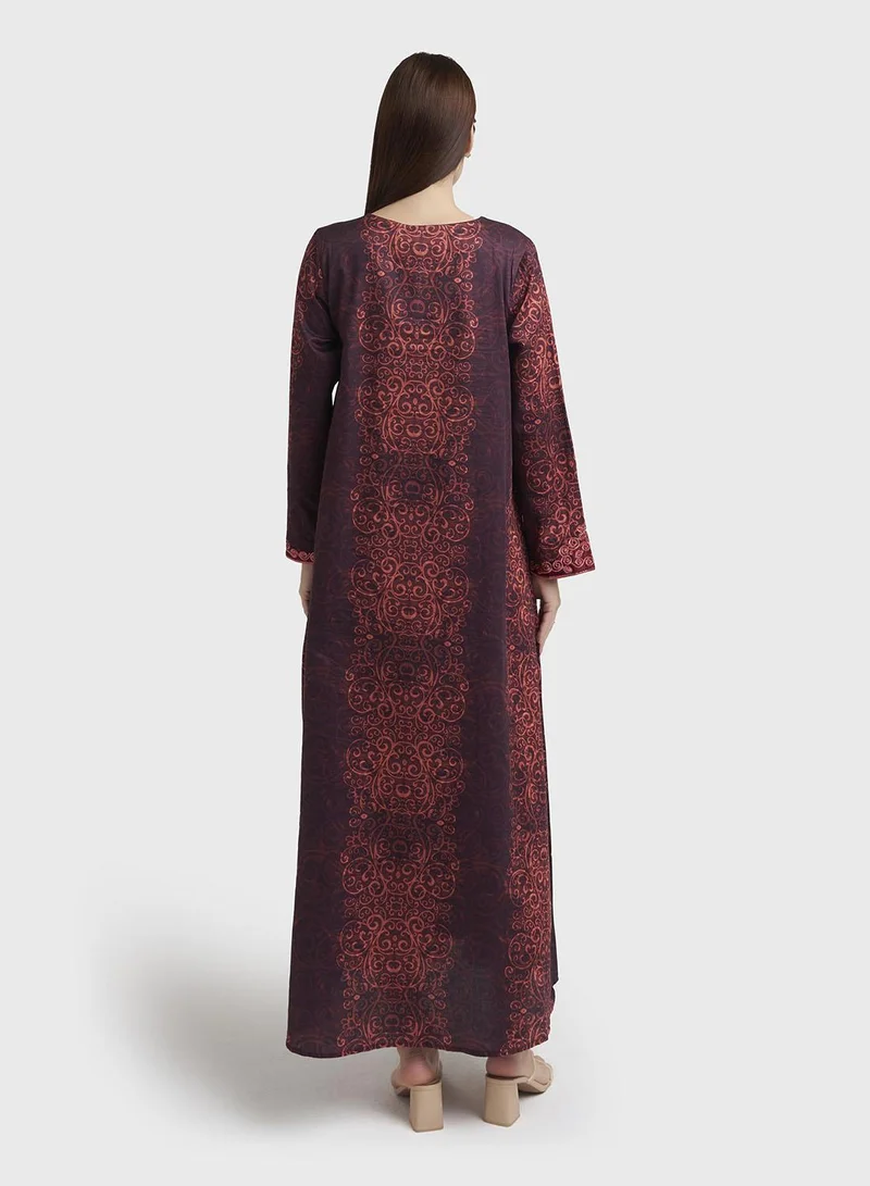 Kashkha  Maroon Cotton Satin Abstract Print Jalabiya (VW272) for Women | Best Price UAE