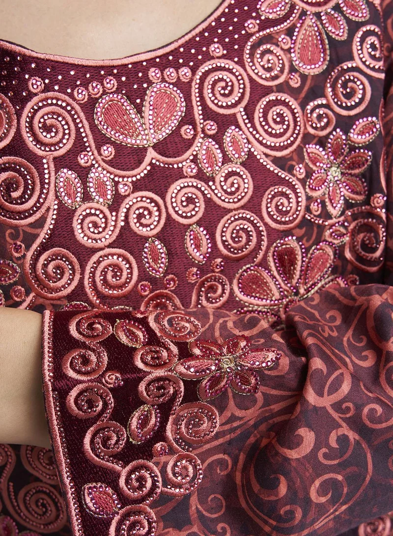 Kashkha  Maroon Cotton Satin Abstract Print Jalabiya (VW272) for Women | Best Price UAE