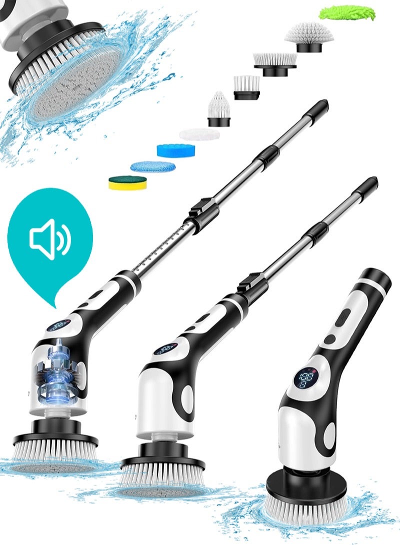 ACHAS Electric Spin Scrubber with Voice Broadcasting, Cordless Cleaning Brush Scrubber for Home, 3 Adjustable Size, 2 Speeds 9 Replaceable Clean Heads Power Spin Scrubbers for Bathroom Shower Bathtub Glass Car - Image 1