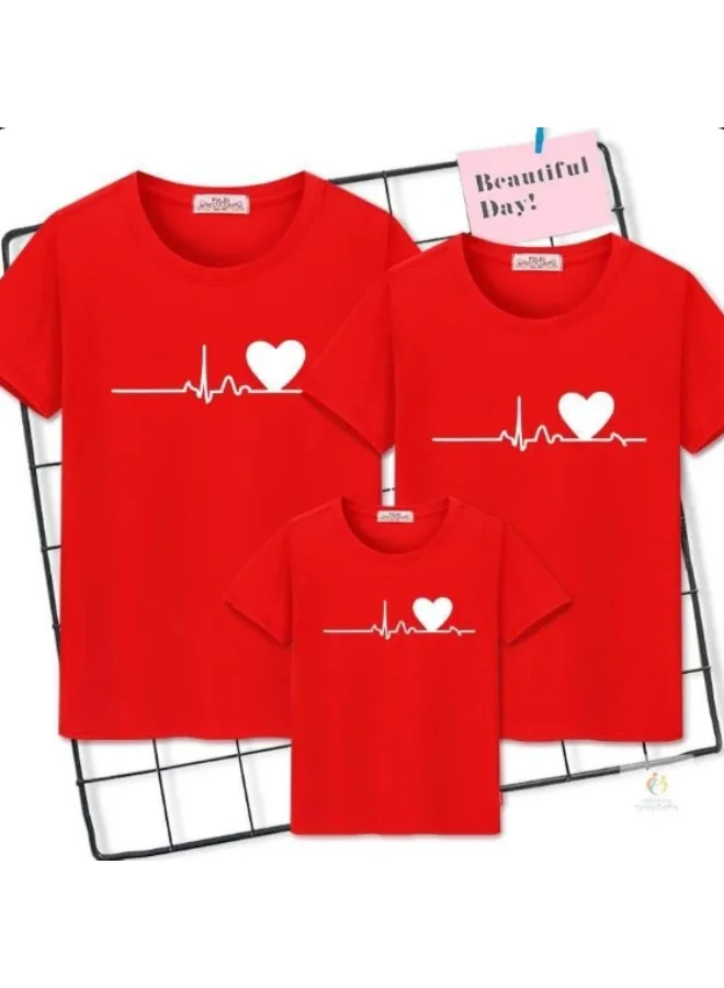 ماتشينج فاميلي اوتفيتس قمصان عائلية متطابقة (باللون الأحمر) بتصميم نبضات القلب | قمصان قطنية مطبوعة بخط قلب لطيف للأم والأب والأطفال | إطلالة عائلية منسقة للصور والعطلات والاستخدام اليومي