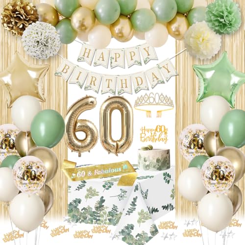 KISPATTI 60th Birthday Decorations for Woman Sage Green Gold Happy 60th Birthday Decorations Balloons Banner Bday Crown Sash Tablecloth Fringe Curtain Sixty Birthday Party 60 Year Old Bday Decor - Image 1