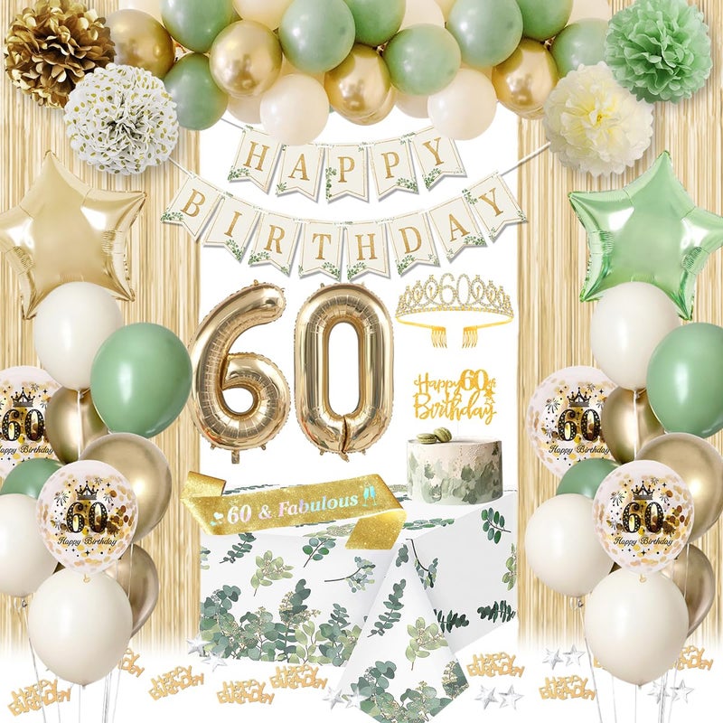KISPATTI 60th Birthday Decorations for Woman Sage Green Gold Happy 60th Birthday Decorations Balloons Banner Bday Crown Sash Tablecloth Fringe Curtain Sixty Birthday Party 60 Year Old Bday Decor - Image 3