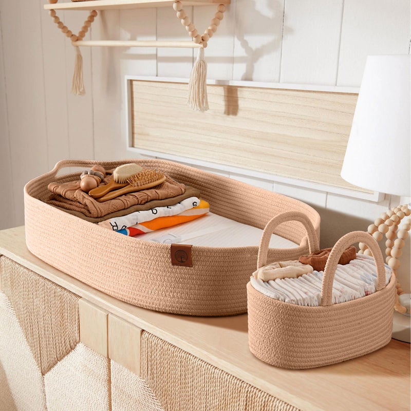 JJOO Baby Changing Basket Includes Diaper Caddy - Soft & Waterproof Dual-Cover, Portable, Changing Pad for Dresser & Changing Table, Gift for Baby Shower, Organic Cotton Rope - Image 2