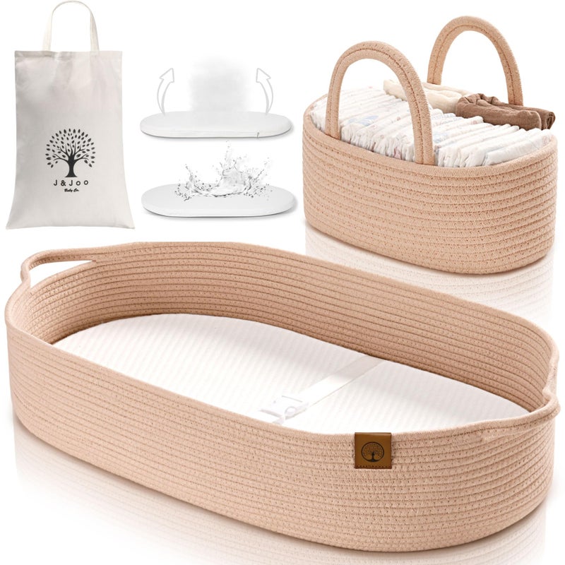 JJOO Baby Changing Basket Includes Diaper Caddy - Soft & Waterproof Dual-Cover, Portable, Changing Pad for Dresser & Changing Table, Gift for Baby Shower, Organic Cotton Rope - Image 1