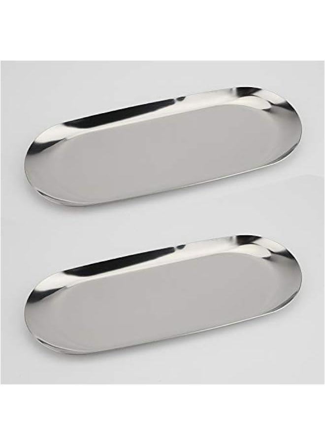 Generic Stainless Steel Decorative Tray, Set of 2, 7 Inch Long, Jewelry Dish Cosmetics Organizer Bathroom Clutter Serving Platter Small Storage Tray, Oval, Silver  - Image 1