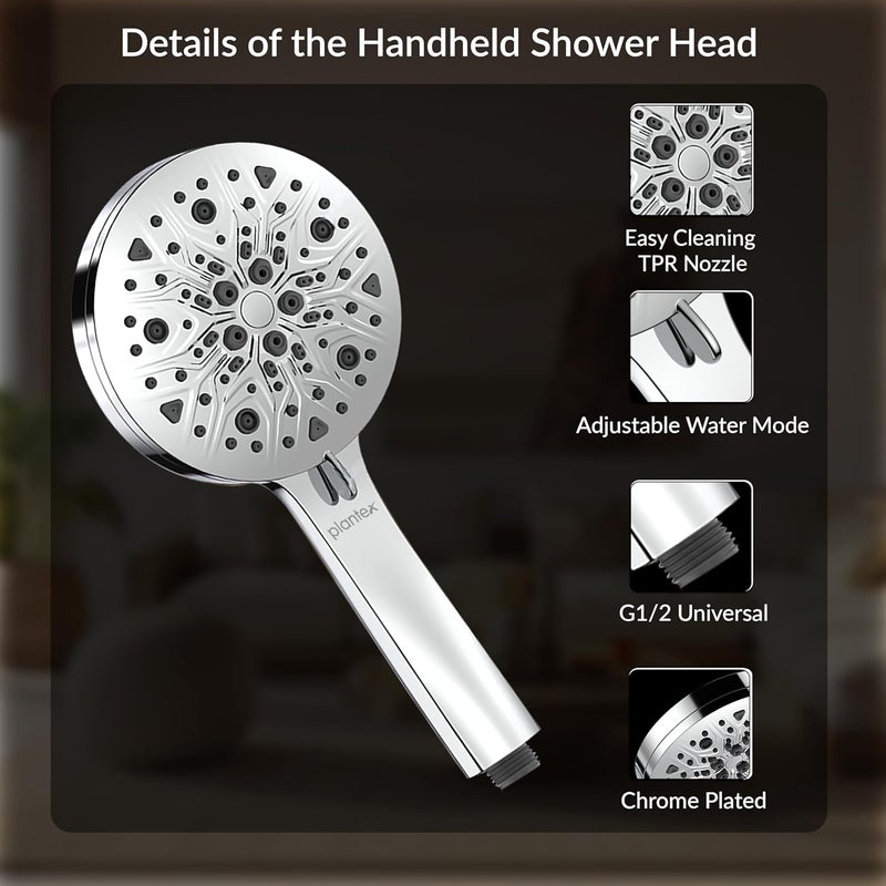 plantex Plantex Hand Shower for Bathroom5 Inch Round MultiFunction 8 Mode Shower HandHand Shower Set with 15 Meter Flexible Tube Pipe with Self Adhesive Bracket Chrome  - Image 2