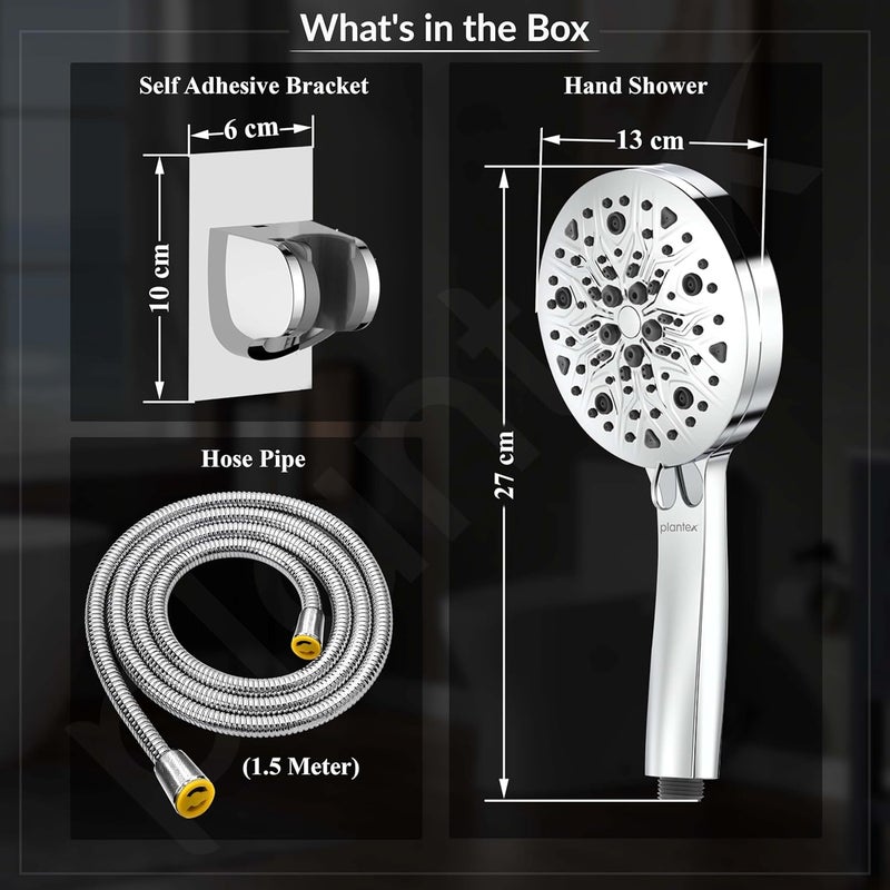 plantex Plantex Hand Shower for Bathroom5 Inch Round MultiFunction 8 Mode Shower HandHand Shower Set with 15 Meter Flexible Tube Pipe with Self Adhesive Bracket Chrome  - Image 3