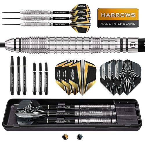 Harrows Combat 90% Tungsten Steel Tip Darts Set I 21g to 30g All Weights Available I Huge 17pcs Bundle with Spare Shafts, Prime Flights & Travel Case (23 Grams) - Image 1