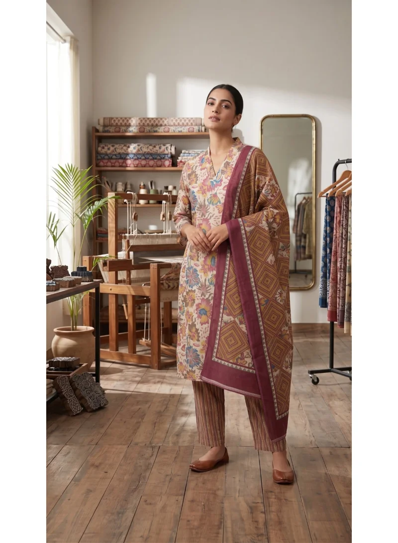 Women's Premium Multicolor Floral Print Kurta Set with Geometric Border Dupatta