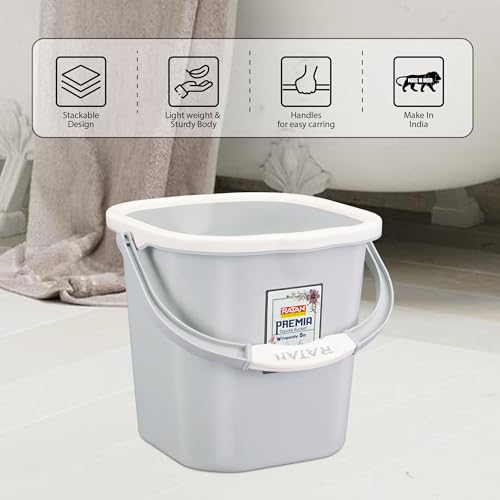 RATAN PLASTICWARE Premia Bucket (5L X 2) - Diaso Grey|Light Weight and Easy to Carry|Bathroom Bucket | Water Storage | Perfect for Mopping | Double Moulded | 5 LTR - Image 3