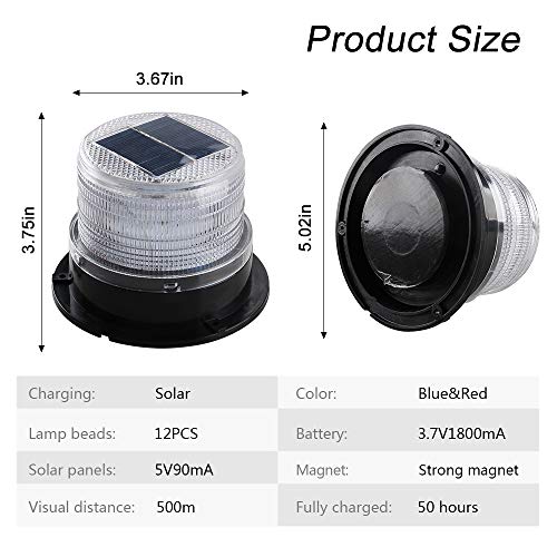 Sidaqi Solar-Energy LED Beacon Strobe Light 12V Red Blue with Magnetic Base Emergency Warning Flashing Caution Lights for Forklift Construction Vehicles Truck - Image 2