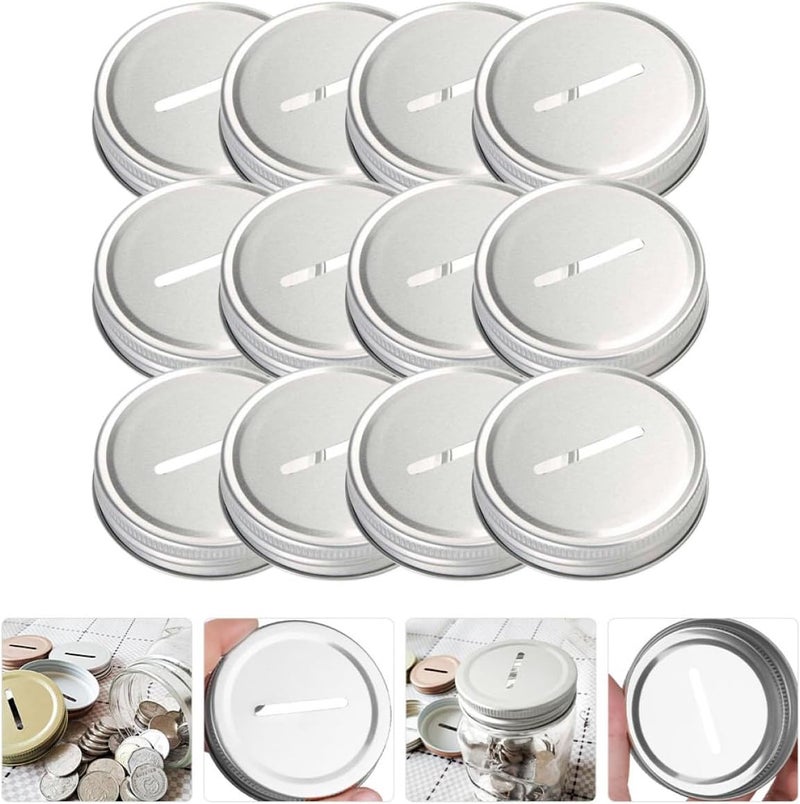 GALPADA 12pcs Wide Mouth Mason Jar Lids with Coin Slot Silver Tinplate Canning Covers Reusable Jar Caps for Piggy Banks - Image 5