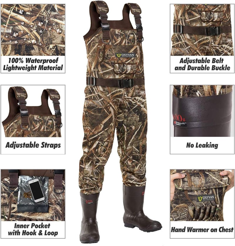 OXYVAN Store Duck Hunting Waders with 600G Rubber Boots Insulated,Neoprene Realtree MAX-7 Camo Fishing Chest Waders for Men & Women - Image 2