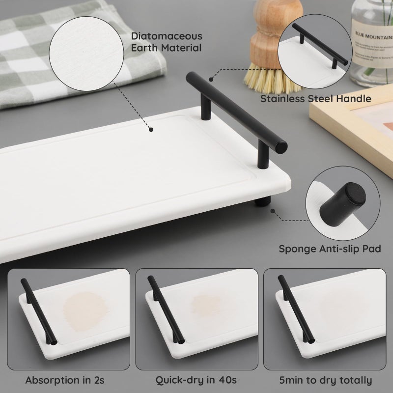 Segbeauty 12x6 Sink Caddy, Large Bathroom Tray Stone Drying Mat with Handle, Fast Drying Diatomaceous Earth Vanity Tray, Water Absorbent Countertop Organizer Bathroom Soap Holder Sink Organizer White - Image 3