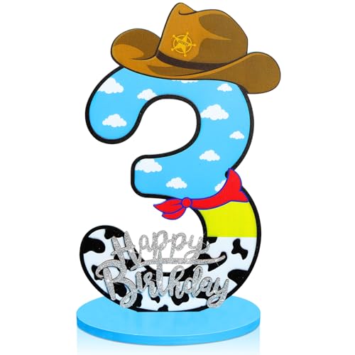 Vercraft Toy Theme 3th Birthday Decorations Party Number Centerpiece Cartoon Party Number Sign Blue Sky and White Cloud Cow Birthday Sign for Boy and Girl Photo Booth Decor - Image 1