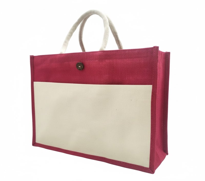 12 PIECES - Jute Shopping Tote Bag with Cotton Pocket,Two-Tone Button Closure (NATURAL JUTE/RED AND CREAM CANVAS WITH BOTTON) 41 X 33 X 15 - Image 2