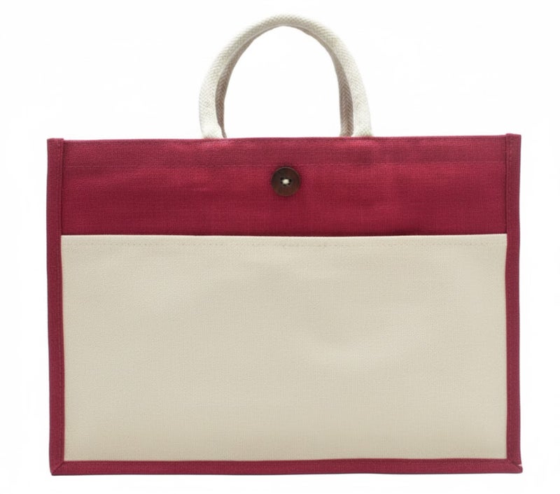12 PIECES - Jute Shopping Tote Bag with Cotton Pocket,Two-Tone Button Closure (NATURAL JUTE/RED AND CREAM CANVAS WITH BOTTON) 41 X 33 X 15 - Image 1