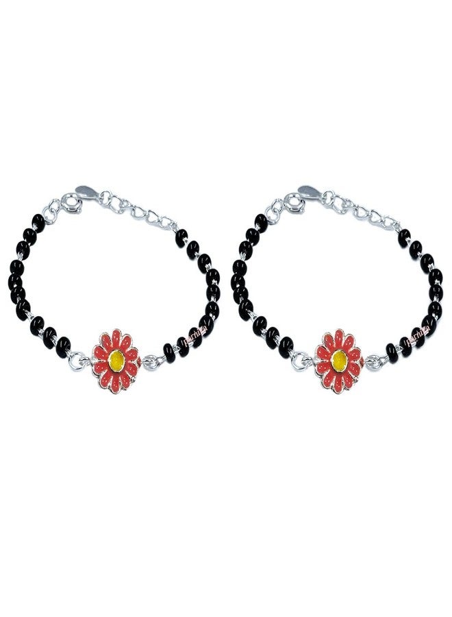 Parnika (Formerly MJ 925 Traditional Silver & Black Crystals Baby Nazariya Kids Silver Bracelet in Pure 92.5 Sterling Silver for Kids - One pair (Pink Flower) - Image 1
