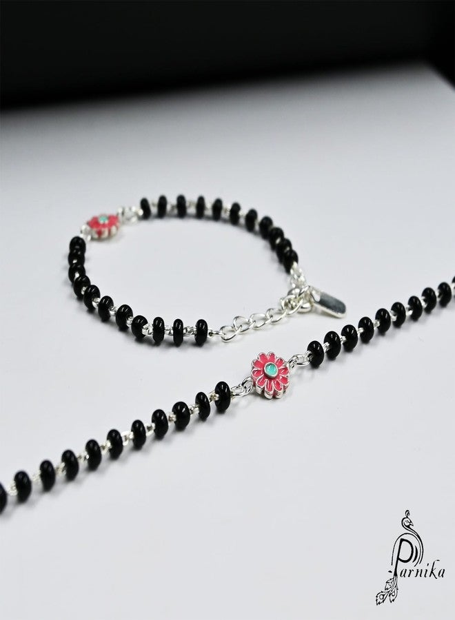 Parnika (Formerly MJ 925 Traditional Silver & Black Crystals Baby Nazariya Kids Silver Bracelet in Pure 92.5 Sterling Silver for Kids - One pair (Pink Flower) - Image 2