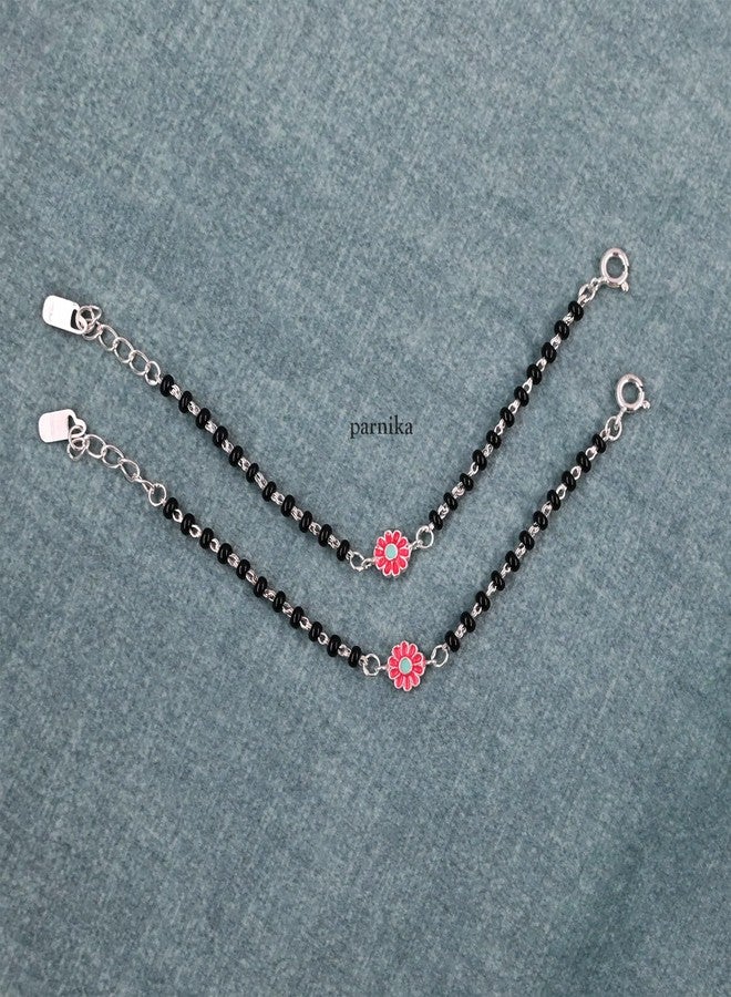Parnika (Formerly MJ 925 Traditional Silver & Black Crystals Baby Nazariya Kids Silver Bracelet in Pure 92.5 Sterling Silver for Kids - One pair (Pink Flower) - Image 3