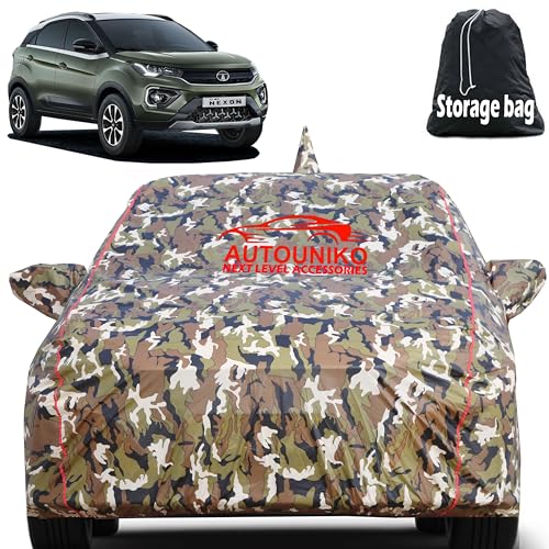 AUTOUNIKO Waterproof Car Body Cover for Tata Nexon with Mirror and Antenna Pocket and Soft Cotton Lining (Full Bottom Elastic Triple Stitched) (Jungle Print with Red Piping) - Image 1
