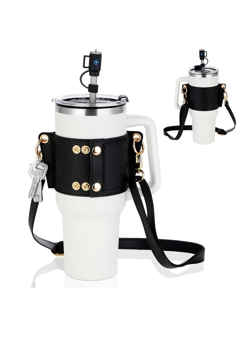 KASTWAVE Water Bottle Holder for Stanley Tumbler, Leather Carrier Strap Compatible with Stanley 40 oz 30 oz Cup with Handle, Adjustable Strap, Credit Card Holder, Keyring, Straw Cover, Black - Image 1
