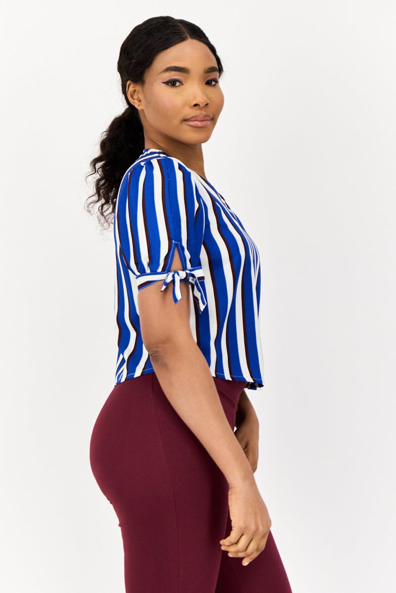 ONLY Women V Neck Short Sleeves Stripe Blouse, Multicolor  - Image 3