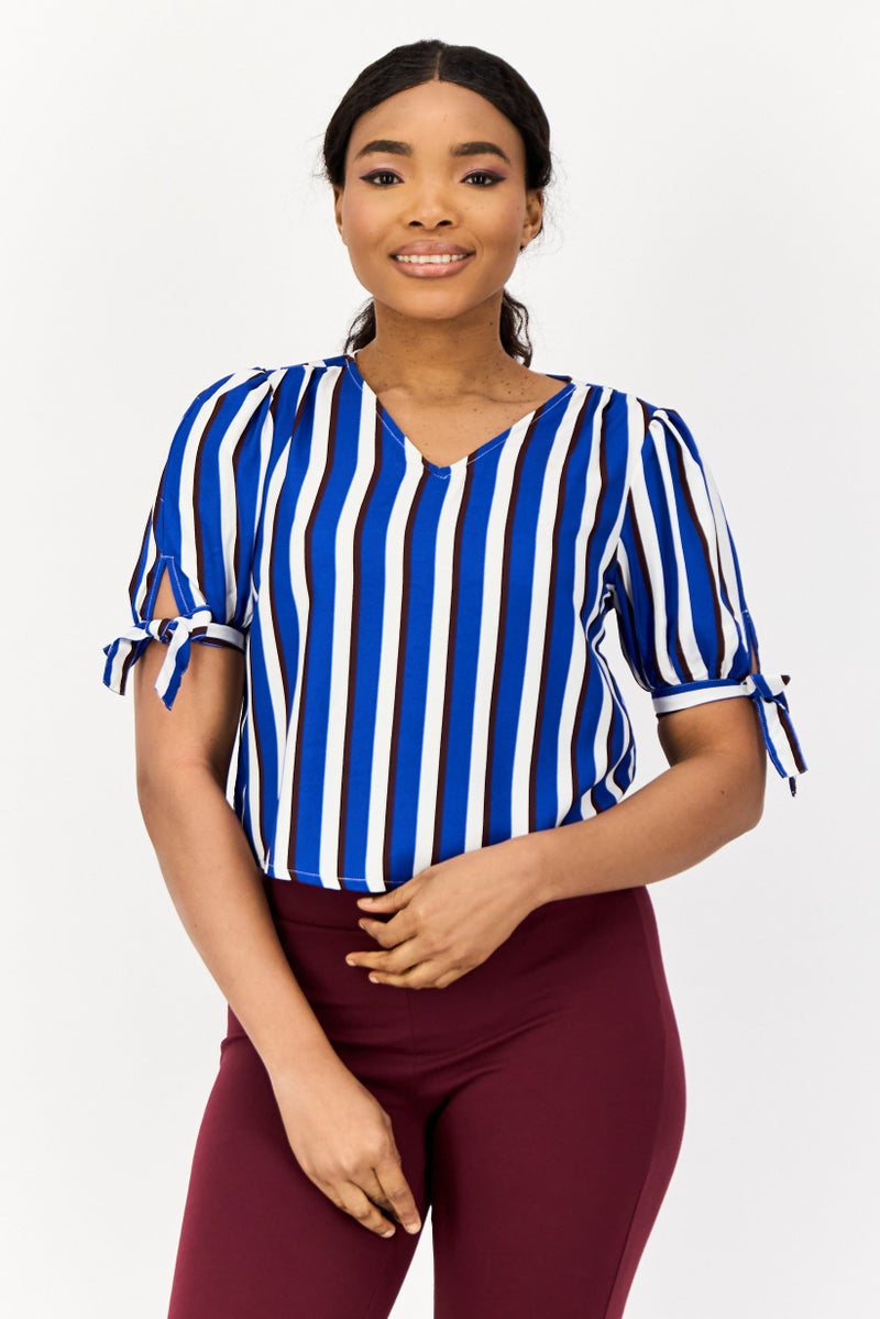 ONLY Women V Neck Short Sleeves Stripe Blouse, Multicolor  - Image 1