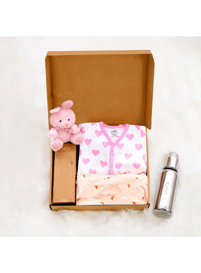 LUAY Premium Gift Box Set with The Baby Romper, Baby Feeding Bottle and Teddy Bear Best Hamper for Babies