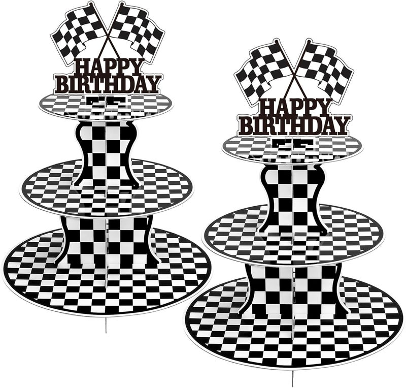 BACUTHY 2 Pack Race Car Cupcake Stands Birthday Party Supplies, Two Fast Cars Decorations Truck Theme Favors - 3 Tier Cardboard Cup Cake Holder Tower - Image 1