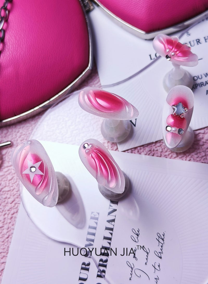 HUOYUAN JIA 10 Pieces Handmade Press On Nails,Reusable and Removable Almond Shaped False Nails,Pink Gradient,Cubist Shell Pattern,Star and Rhinestone Decorations,Comes with A Rubbing Strip and A Piece of Jelly Glue for Fashionable Women's Holiday Gifts,False Nail Set  - Image 4